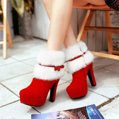 Christmas Red/Black Warm Fur High Heel Short Boots