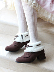 Black/Red/Brown Warm Plush Kawaii Bowknot Short Boots BE501