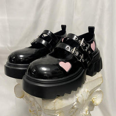 Pink Love Hearts Lolita Kawaii Black Shoes