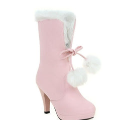 Japanese Pink/Black/White Sweet Fur Ball Warm High Heel Boots BE564