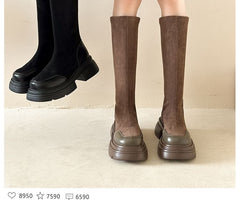 Pull-On Knee-High Boots With Chunky-Heel