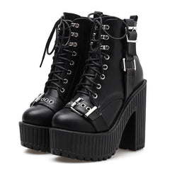 Gothic Punk Double Buckle Lace Up Platform Boots