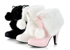 Black/White/Pink Sweet Fluffy Heel Boots