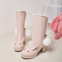Black/Pink/White Cute Rabbit Ears Sweet Snowball Mid Calf Platform Boots