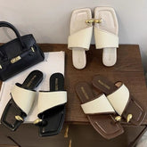 Square Toe Metal Accent Toe Loop Flat Slide Sandals