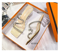 Rhinestone Chunky Heel Slide Sandals