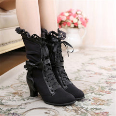 5 Colors Big Size Sweet Bowknot Ruffle Calf Mid Heels Boots