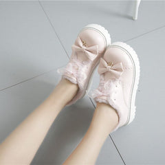 Pink/Black/Red Lolita Plush Warm Sweet Bow Shoes BE502