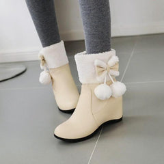 Pink/Beige Kawaii Warm Thick Plush Flat Cute Bowknot Snow Short Boots