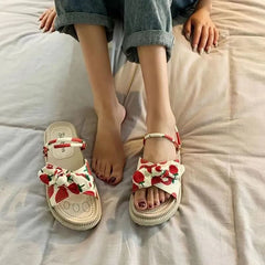 Platform Fruit Print Bow Slide Sandals