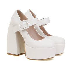 Pure Color Chunk High Heel Mary Janes Shoes