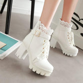 Final Stock! Black/White Lace Buckle High Heel Boots