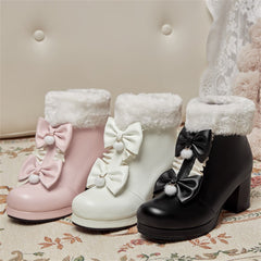 Black/Pink/White Warm Plush Sweet Winter Boots Cute Bowknot Platform High Heels BE507