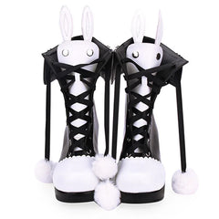 Black Bunny Ears Lace-up Fuzzy Ball Collar High Heel Boots