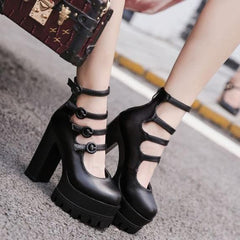 Gothic Black 4 Buckle Strap Platform High-Heels Shoes
