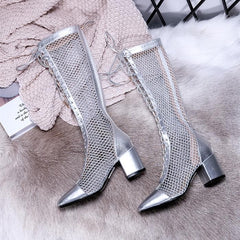Black/Beige/Silver Laced Net High Boots