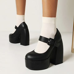Pure Color Chunk High Heel Mary Janes Shoes