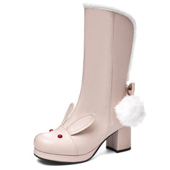 Black/Pink/White Cute Rabbit Ears Sweet Snowball Mid Calf Platform Boots