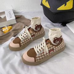 Kawaii Brown Flat Cute Bear plaid Shoes