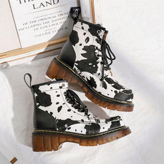 Retro Cute Cow Lace Up Martin Boots