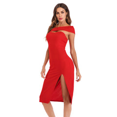 Off-shoulder slit solid color slim fit hip dress