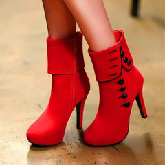 Red/Black Button Velvet High Heels Boots