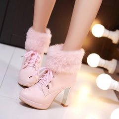 Beige/Black/Pink Sweet Fluffy High Heeled Boots