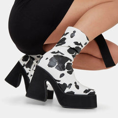 Cute Cow Round Toe Zip Platform Hoof Heels Boots BE503