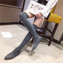 Black/Grey Bling Rhinestone Long Socks Boots