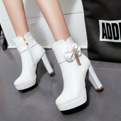 White/Pink/Black Pastel Bow High Heel Boots