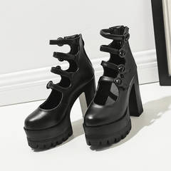 Gothic Black 4 Buckle Strap Platform High-Heels Shoes