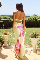 Shirley Floral Print Strapless Satin Maxi Dress