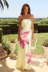 Shirley Floral Print Strapless Satin Maxi Dress