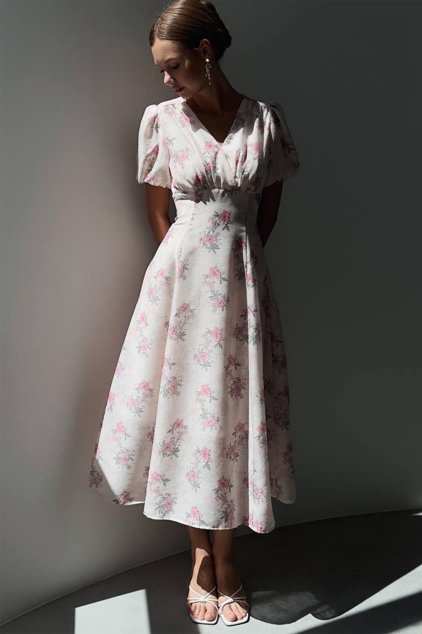 Anne Floral Print Puff Sleeve Midi Dress