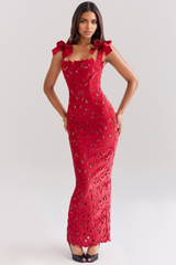 Veronica Bow Strap Embroidered Lace Maxi Dress