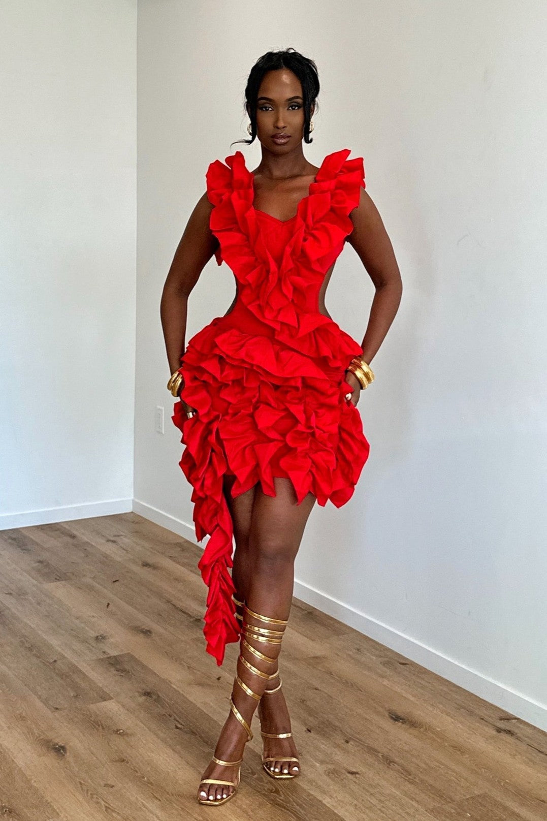 Layered Ruffle V-neck Mini Dress