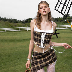 Plaid Slim Cropped Crop Top and Hip-Wrap Skirt