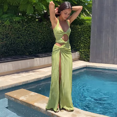 Sleeveless halterneck hollow low-cut slit dress