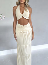 Halter neck low waist hem hip skirt two piece set