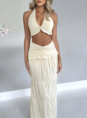 Halter neck low waist hem hip skirt two piece set