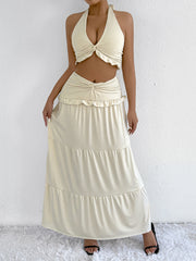 Halter neck low waist hem hip skirt two piece set