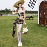 Plaid Slim Cropped Crop Top and Hip-Wrap Skirt