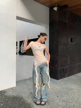 Off-Shoulder Mesh Top With Ribbon T-shirt