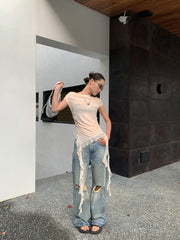 Off-Shoulder Mesh Top With Ribbon T-shirt