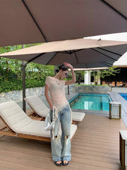 Off-Shoulder Mesh Top With Ribbon T-shirt