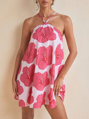 Halter Neck Long Swing Printed Short Dress