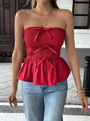 Ruffled Ruffle Bow Cropped Red Top
