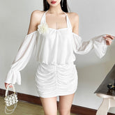 Halter neck design 3D floral off-shoulder dress