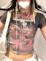 Bow Lace Elastic Mesh Top T-Shirt