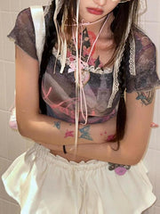 Bow Lace Elastic Mesh Top T-Shirt